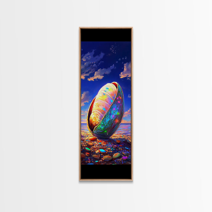 Iridescent Seashell On Pebble Beach Canvas Print, Coastal Wall Decor, Ocean Lover Gift, Beach House Decor, Nautical Art Print