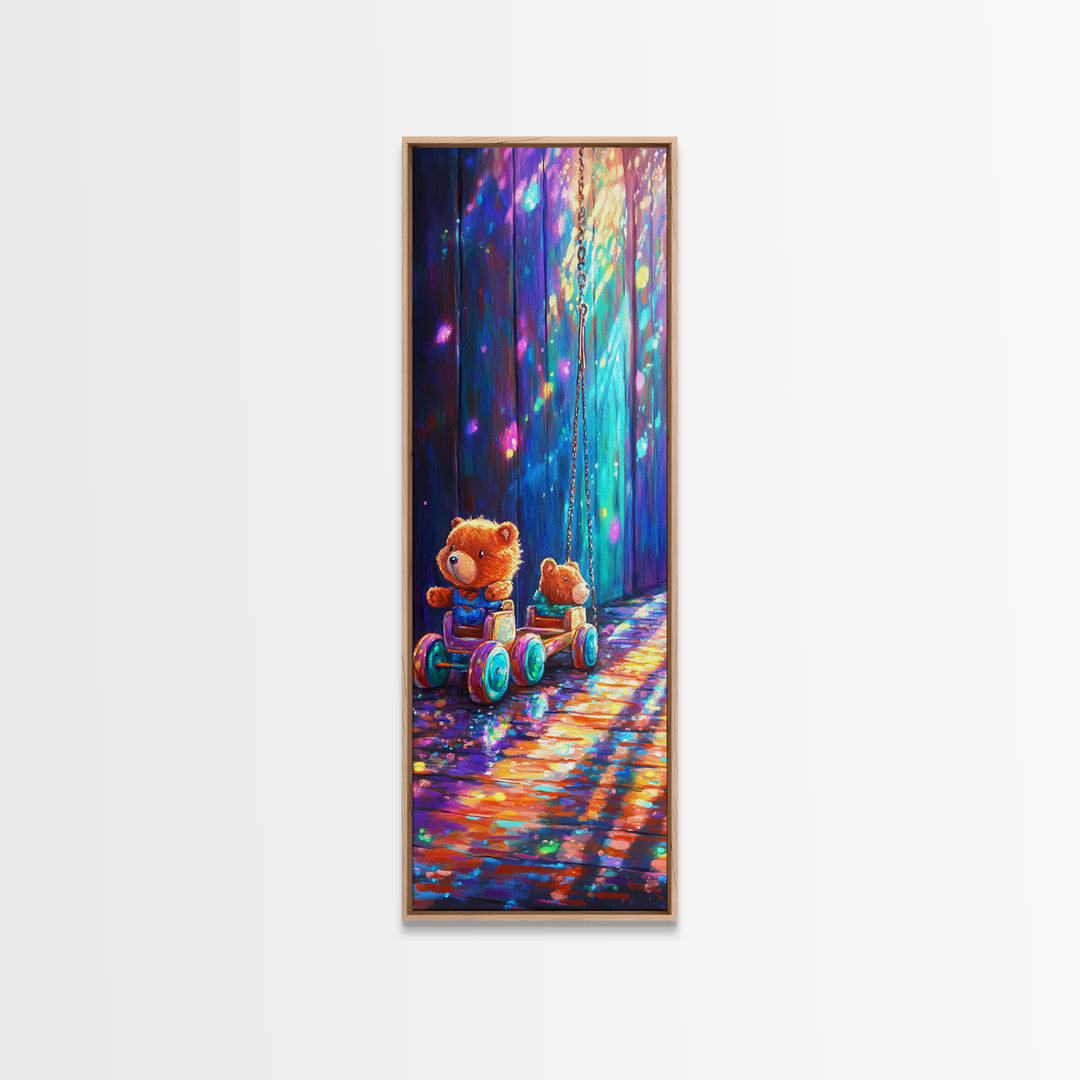 Teddy Bear Toy Wagon In Magical Light Wall Art, Nursery Canvas Print, Whimsical Woodland Kids Room Decor, Baby Shower Gift