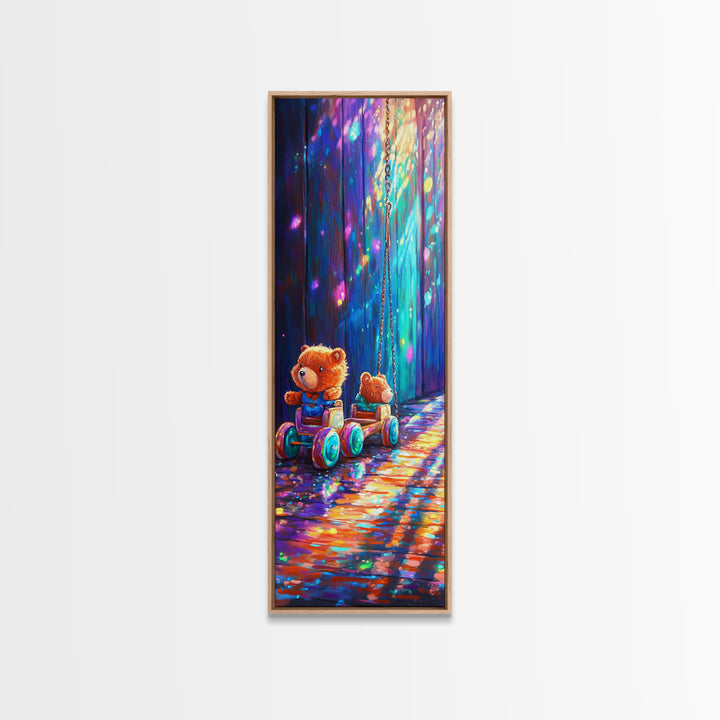 Teddy Bear Toy Wagon In Magical Light Wall Art, Nursery Canvas Print, Whimsical Woodland Kids Room Decor, Baby Shower Gift