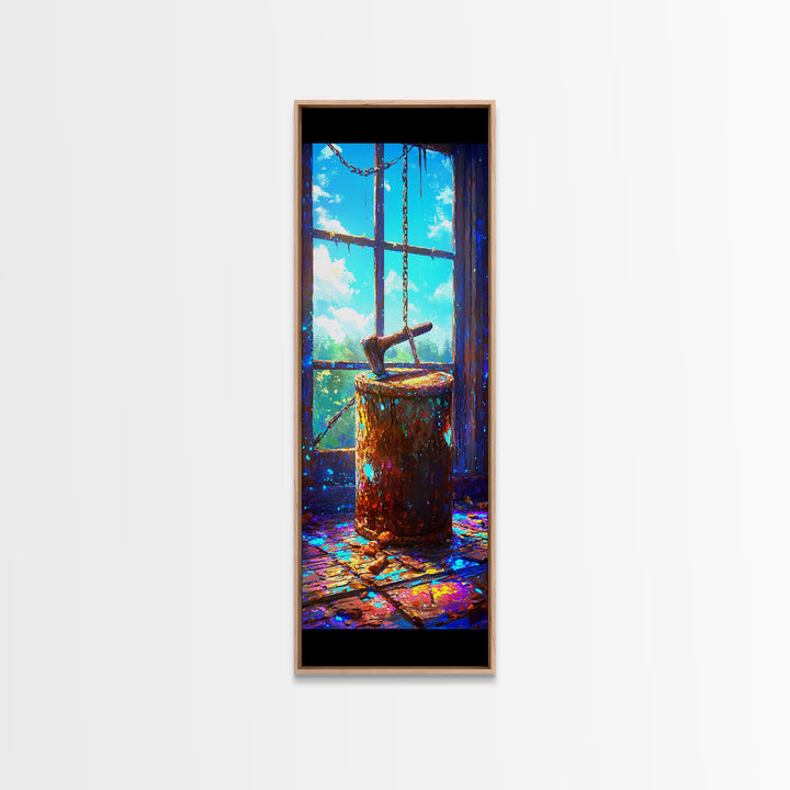 Rustic Hatchet In Tree Stump By Window Wall Art, Cabin Canvas Print, Farmhouse Decor, Country Wall Decor, Gift For Him, Rustic Home Decor