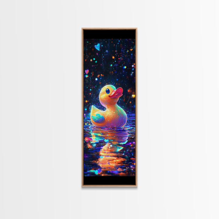 Cute Rubber Duck Floating On Sparkling Water Canvas Print, Whimsical Animal Art, Bathroom Wall Art, Kids Room Decor Gift