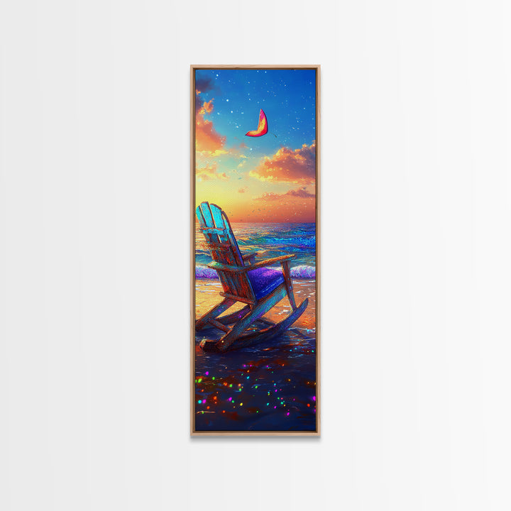 Sunset Beach Chair Under Crescent Moon Canvas Print, Coastal Wall Art, Ocean Decor, Beach House Living Room Wall Decor Gift