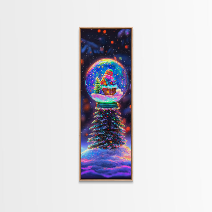 Glowing Snow Globe Cabin On Winter Tree Framed Canvas Print, Christmas Wall Art, Cozy Holiday Decor, Housewarming Gift Idea