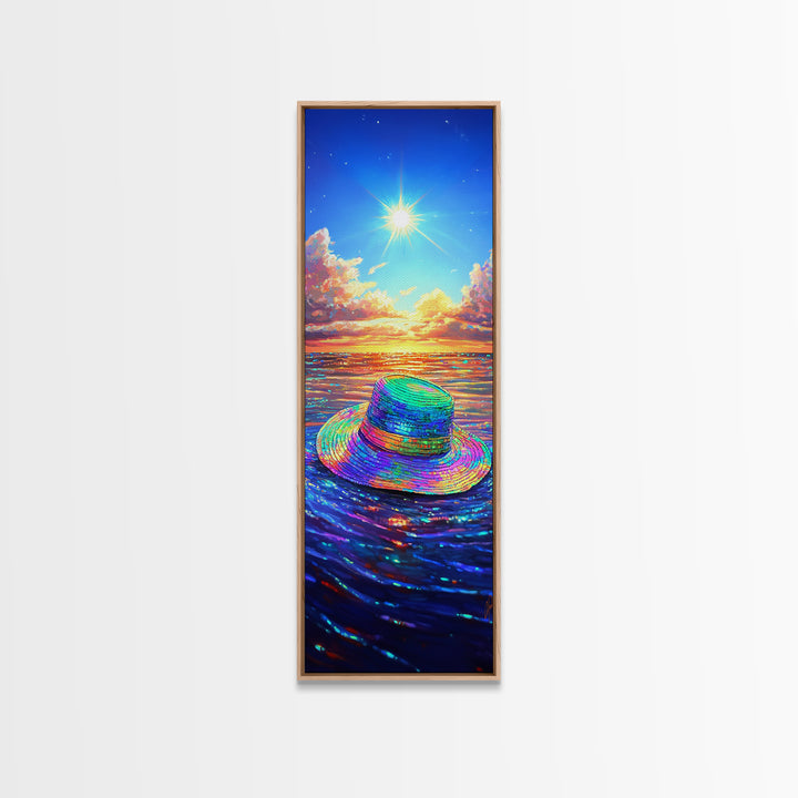Rainbow Sun Hat On Sparkling Ocean Canvas Print, Beach Wall Art, Coastal Decor, Summer Seascape For Living Room, Housewarming Gift