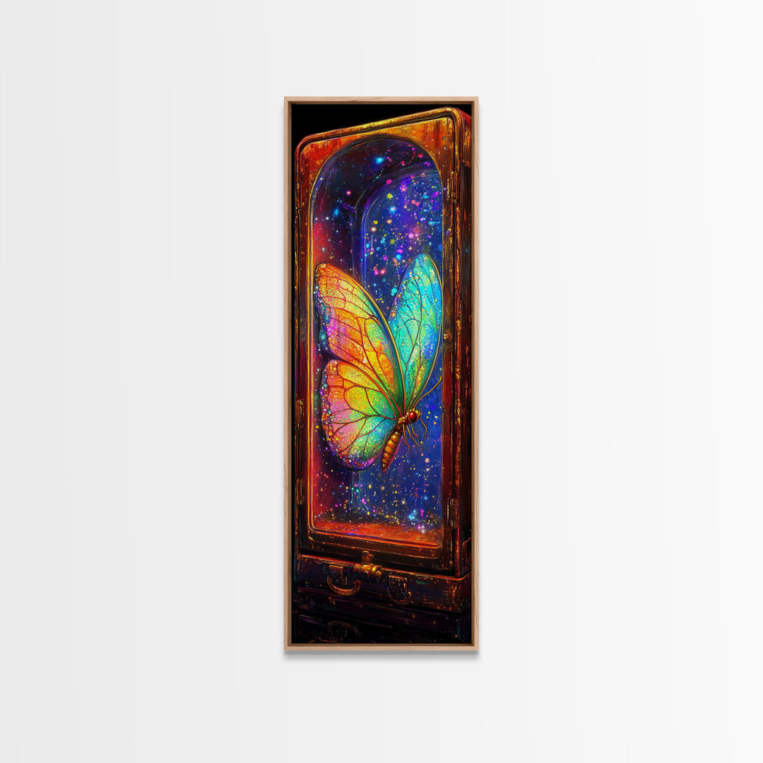 Glowing Rainbow Butterfly In Glass Case Wall Art, Celestial Fantasy Art Print, Whimsical Wall Decor, Unique Gift For Bedroom Decor