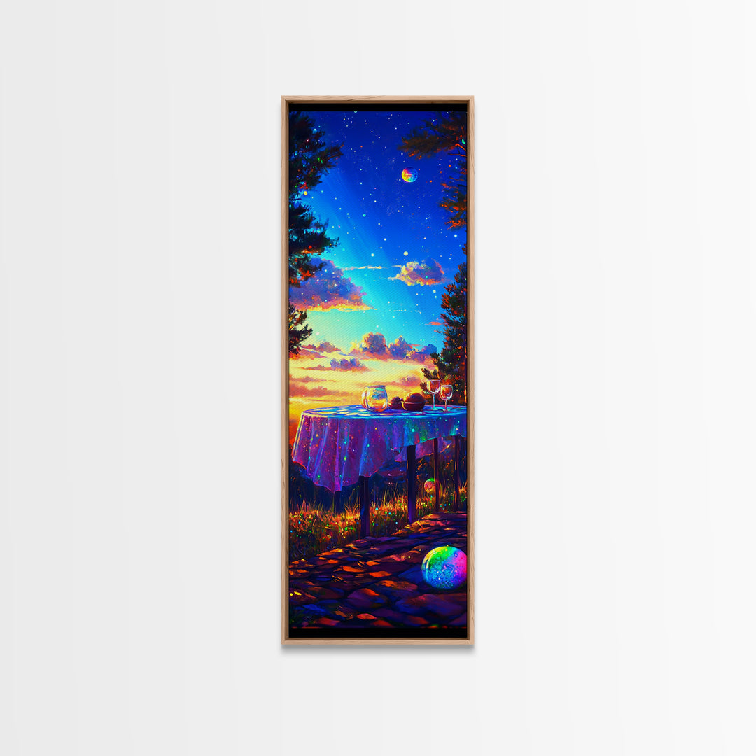 Moonlit Sunset Table With Wine Glasses Framed Canvas Print, Romantic Wall Art, Outdoor Patio Decor, Housewarming Gift, Cozy Home Decor