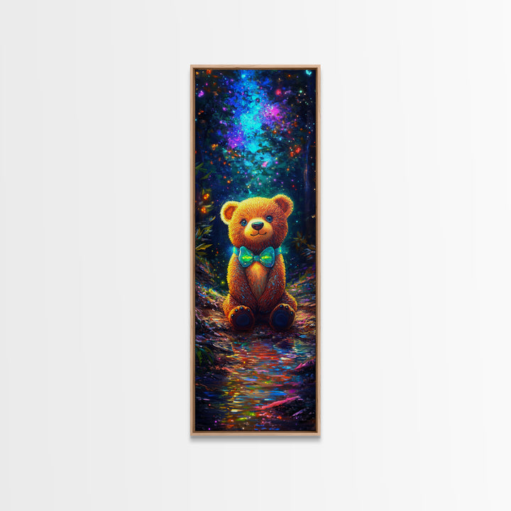 Glowing Teddy Bear In Enchanted Forest Wall Art, Whimsical Nursery Decor, Cute Animal Art Print, Kids Room Decor Gift Idea