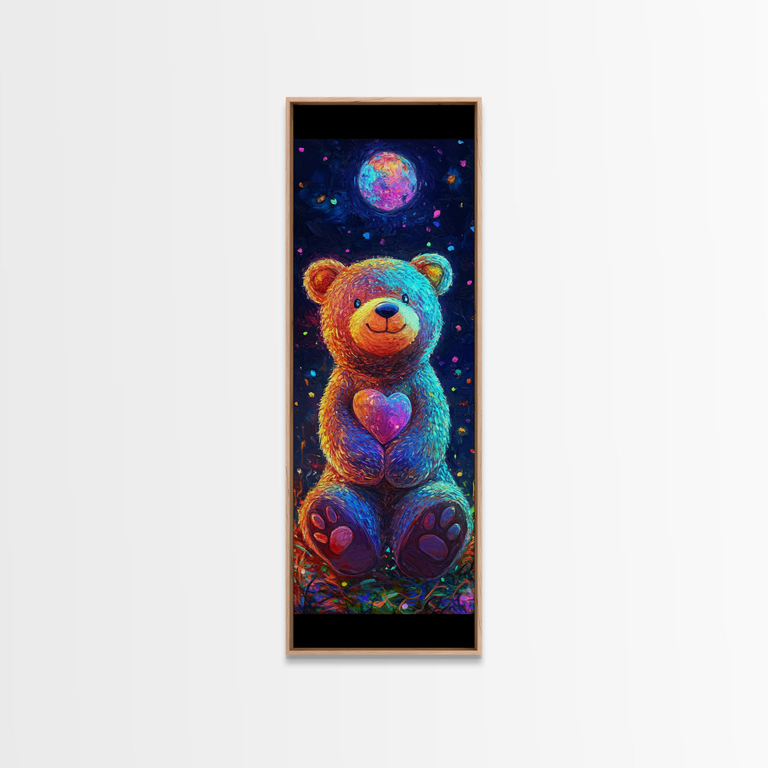 Moonlit Teddy Bear With Heart Framed Canvas Print, Whimsical Wall Art, Nursery Decor, Cute Animal Art, Celestial Room Decor