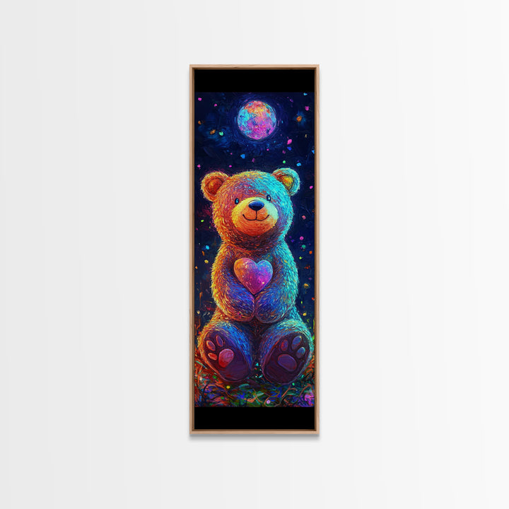 Moonlit Teddy Bear With Heart Framed Canvas Print, Whimsical Wall Art, Nursery Decor, Cute Animal Art, Celestial Room Decor