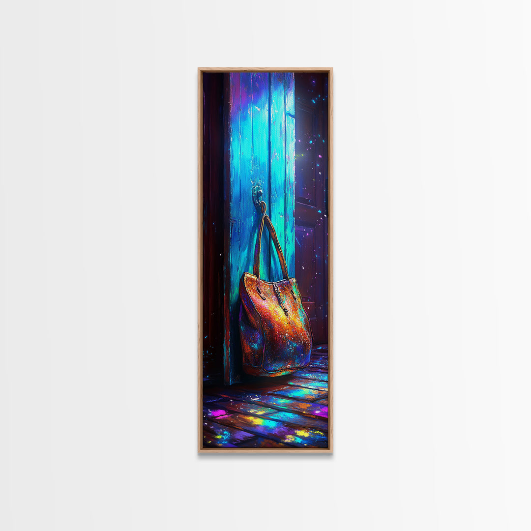Iridescent Handbag Hanging On Turquoise Door Canvas Print, Fashion Wall Art, Glam Entryway Decor, Gift For Her, Trendy Poster