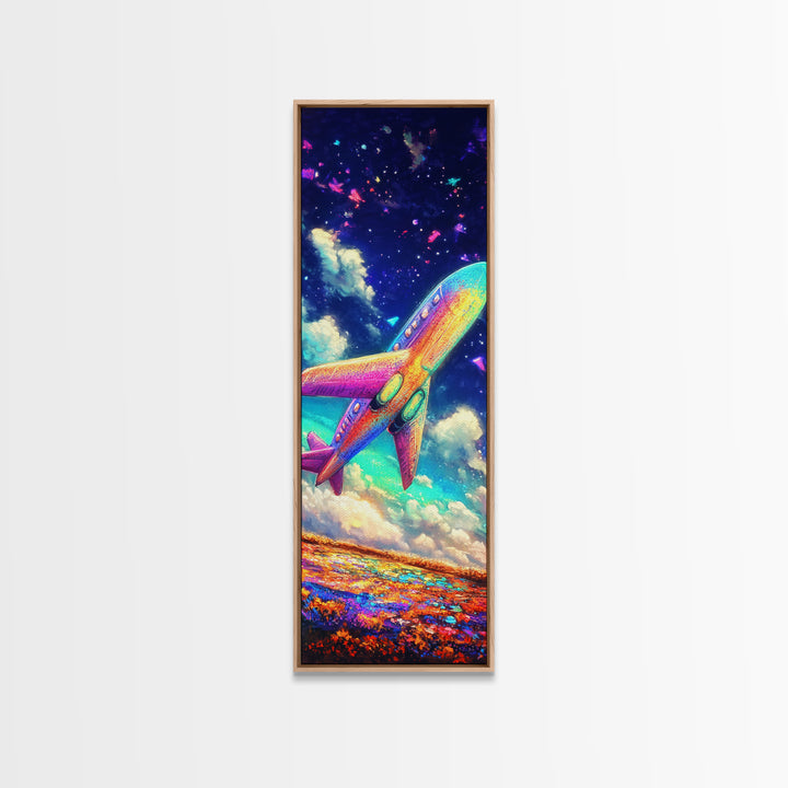 Rainbow Jet Flying Through Starry Clouds Canvas Print, Space Wall Art, Aviation Wall Decor, Kids Room Decor, Gift For Travelers