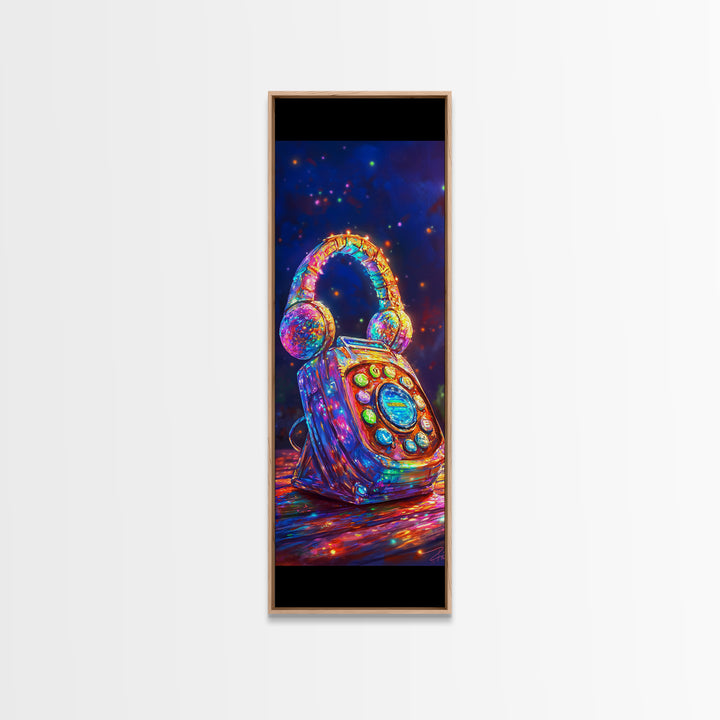 Jeweled Retro Phone With Headphones Framed Canvas Print, Music Wall Art, Funky Wall Decor, Game Room Decor, Gift For Him
