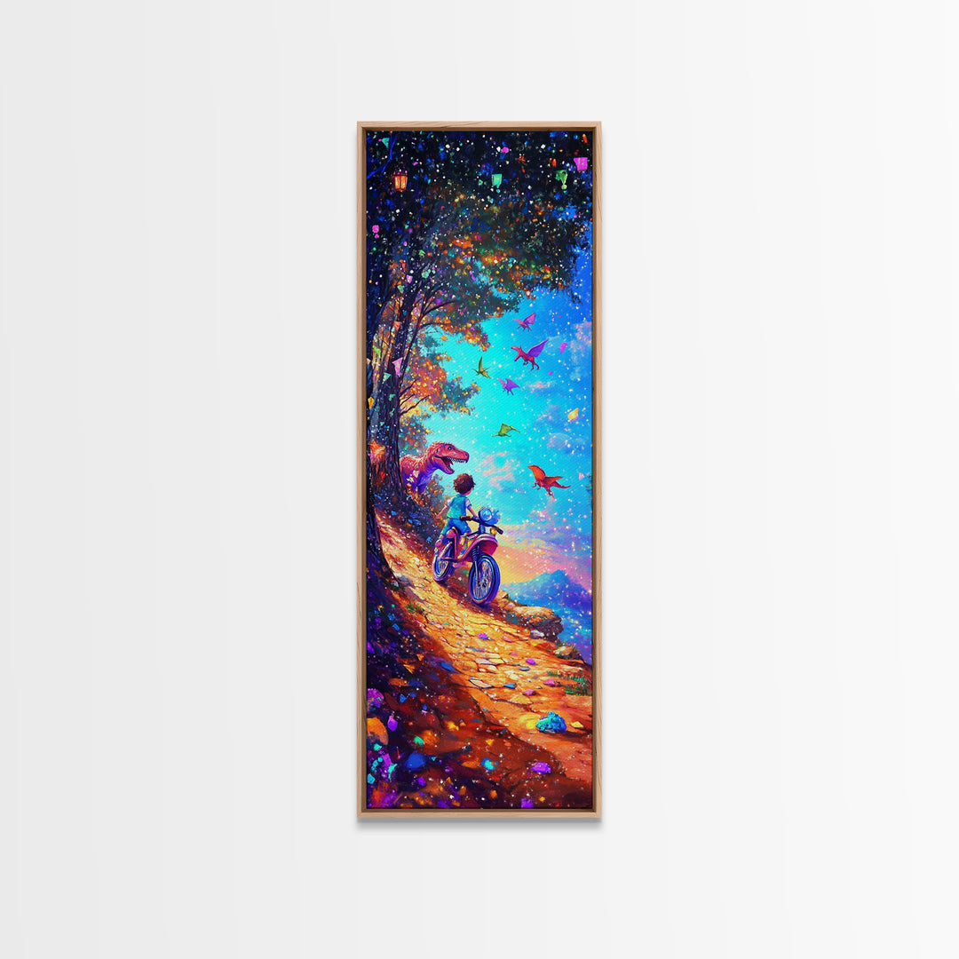 Child Riding Bike Through Dinosaur Forest Canvas Print, Whimsical Wall Art, Fantasy Nursery Decor, Kids Room Art Gift For Children