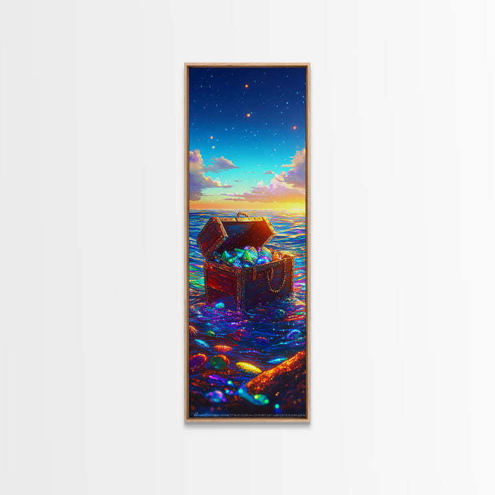 Glowing Treasure Chest At Ocean Sunset Canvas Print, Nautical Wall Art, Coastal Beach House Decor, Fantasy Sea Lover Gift
