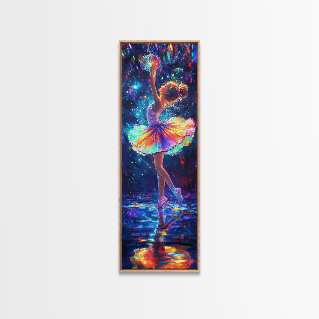 Rainbow Ballerina Dancing Under Lights Framed Canvas Print, Dance Studio Wall Art, Whimsical Girl Room Decor, Gift For Her