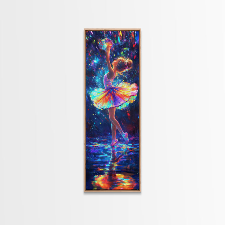 Rainbow Ballerina Dancing Under Lights Framed Canvas Print, Dance Studio Wall Art, Whimsical Girl Room Decor, Gift For Her
