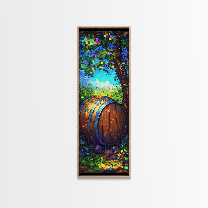 Sunlit Wine Barrel In Lush Garden Canvas Print, Rustic Wall Art, Winery Home Decor, Vineyard Landscape Housewarming Gift