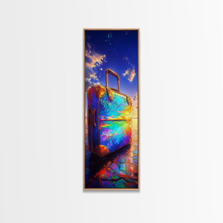 Rainbow Suitcase Reflecting Ocean Sunset Framed Canvas Print, Vibrant Travel Poster, Coastal Wall Decor For Wanderlust Gift