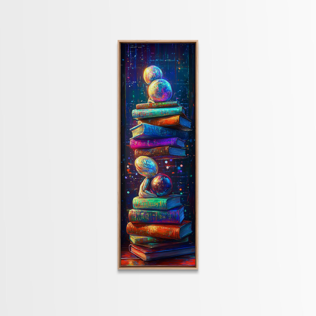 Floating Planets Over Stacked Books Wall Art, Celestial Library Decor, Book Lover Gift, Colorful Fantasy Reading Nook Print