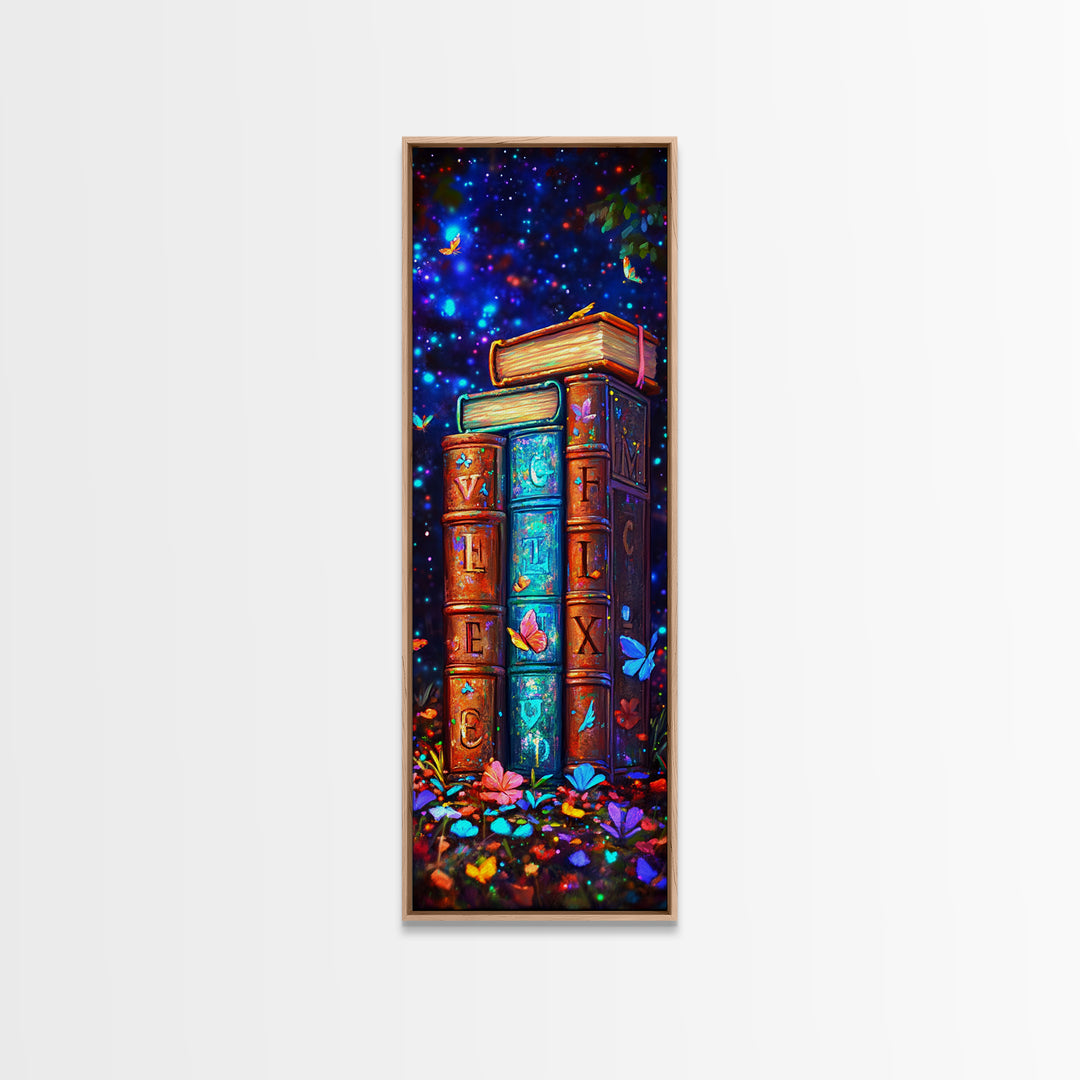 Magical Alphabet Books With Butterflies Canvas Print, Celestial Library Wall Decor, Colorful Book Lover Gift, Fantasy Art