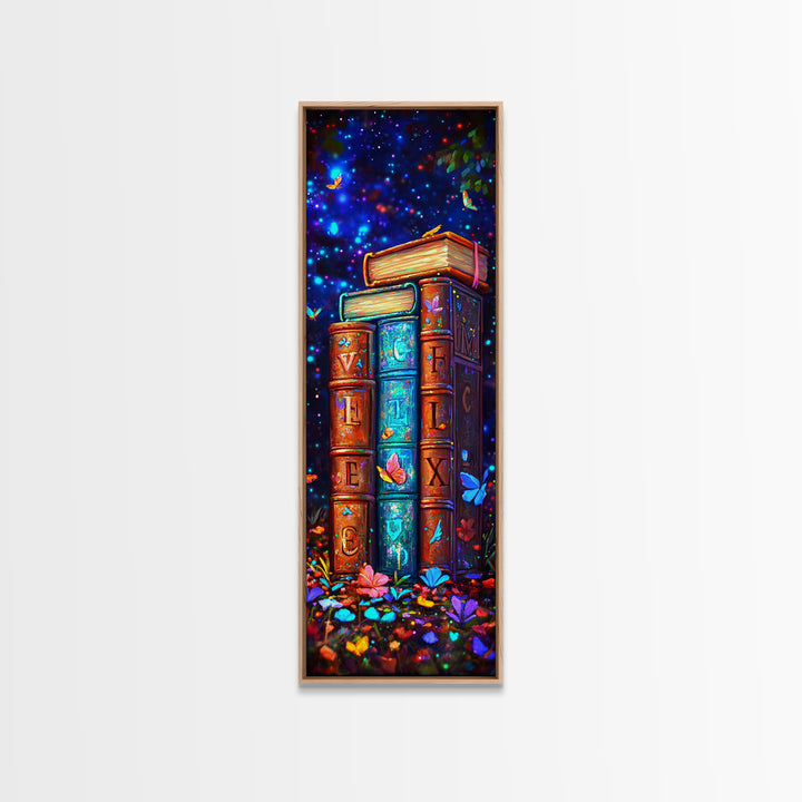 Magical Alphabet Books With Butterflies Canvas Print, Celestial Library Wall Decor, Colorful Book Lover Gift, Fantasy Art
