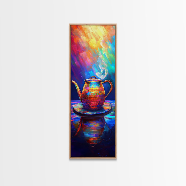 Rainbow Teapot With Steam Framed Canvas Print, Colorful Kitchen Wall Art, Tea Lover Gift, Boho Dining Room Decor, Still Life Art