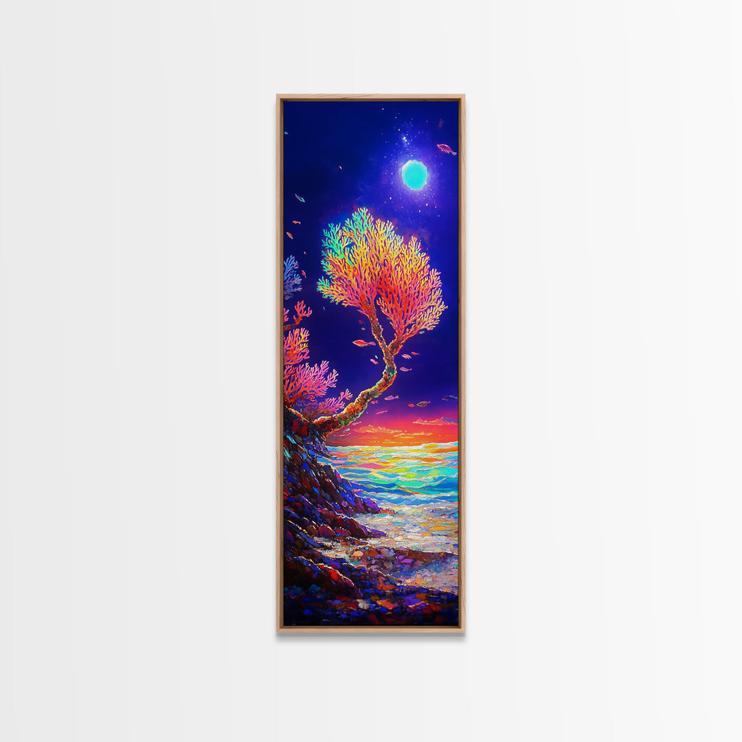 Moonlit Coral Tree By Ocean Canvas Print, Coastal Wall Art, Celestial Decor, Tropical Seascape, Beach House Living Room Decor
