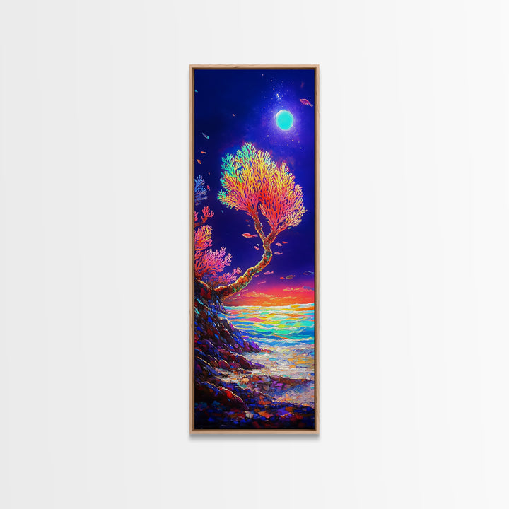 Moonlit Coral Tree By Ocean Canvas Print, Coastal Wall Art, Celestial Decor, Tropical Seascape, Beach House Living Room Decor