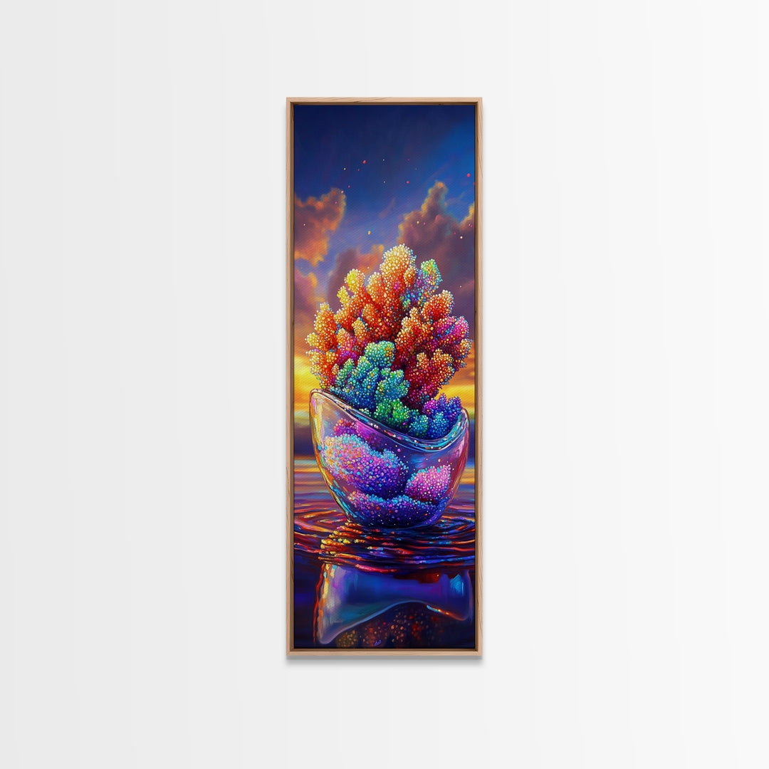 Rainbow Coral In Glass Bowl Framed Canvas Print, Marine Life Wall Art, Coastal Home Decor, Ocean Nursery Art, Sea Life Gift