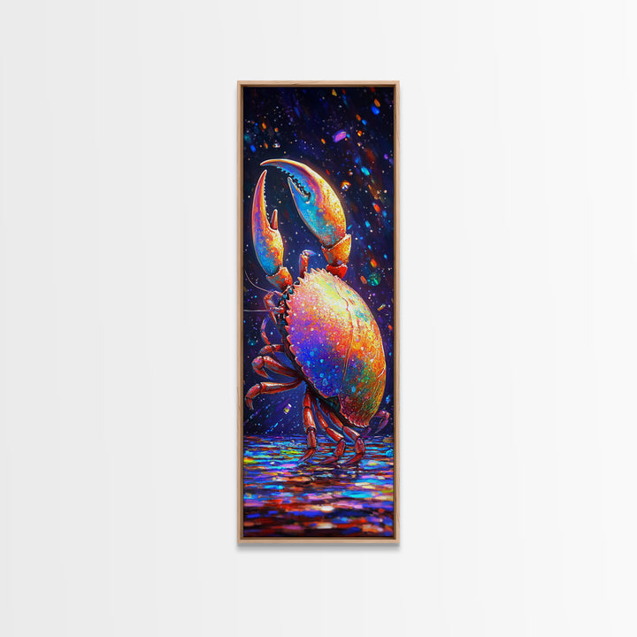Vibrant Rainbow Crab With Raised Claw Canvas Print, Coastal Wall Art, Nautical Bathroom Decor, Colorful Ocean Animal Art