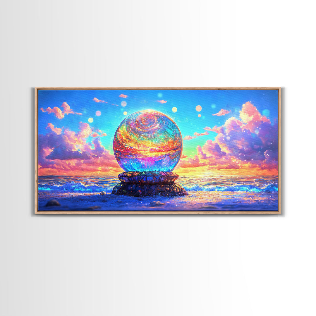 Glowing Crystal Orb By The Ocean Wall Art, Surreal Seascape Canvas Print, Coastal Decor, Celestial Art, Beach House Gift