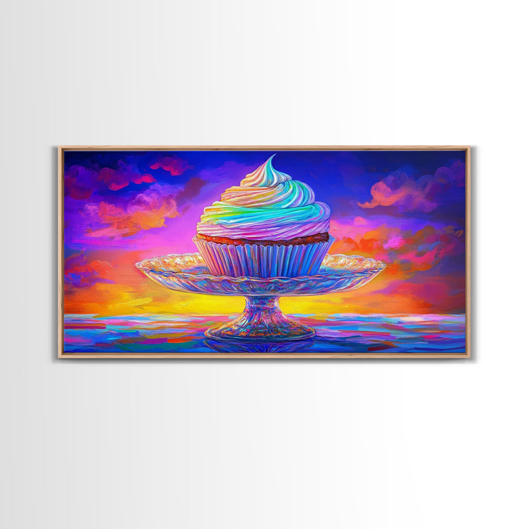 Rainbow Cupcake On Glass Stand Canvas Print, Whimsical Bakery Wall Art, Dessert Art, Kitchen Decor, Birthday Gift For Her