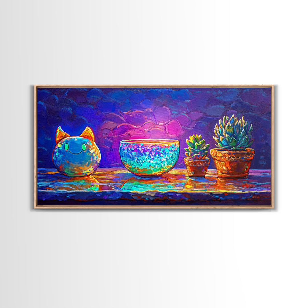 Cute Cat Figurine With Succulent Plants Wall Art, Colorful Still Life Canvas Print, Whimsical Home Decor, Plant Lover Gift