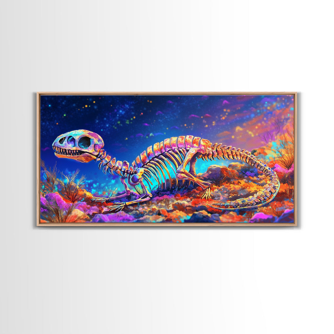 Colorful Dinosaur Skeleton Wall Art, Cosmic Fossil Fantasy Painting, Vibrant Science Decor, Kids Room Canvas Print, Dinosaur Gift