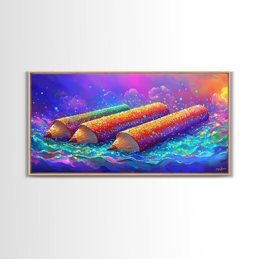 Giant Colorful Pencils In Ocean Waves Wall Art, Whimsical Art Supply Painting, Creative Studio Decor, Framed Canvas Print