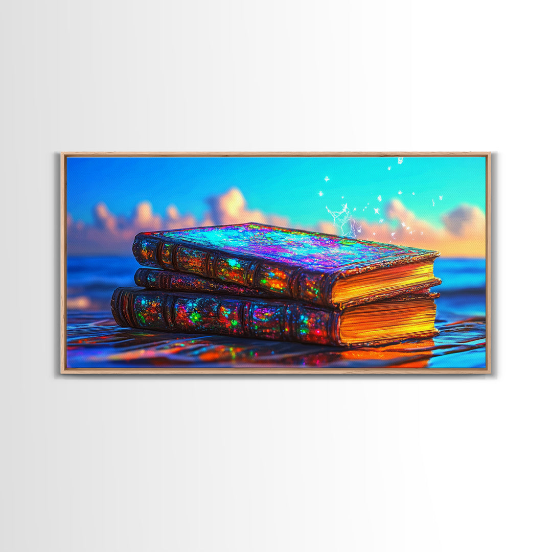 Glowing Iridescent Antique Books Canvas Print, Fantasy Library Wall Art, Book Lover Gift, Magical Reading Nook Home Decor