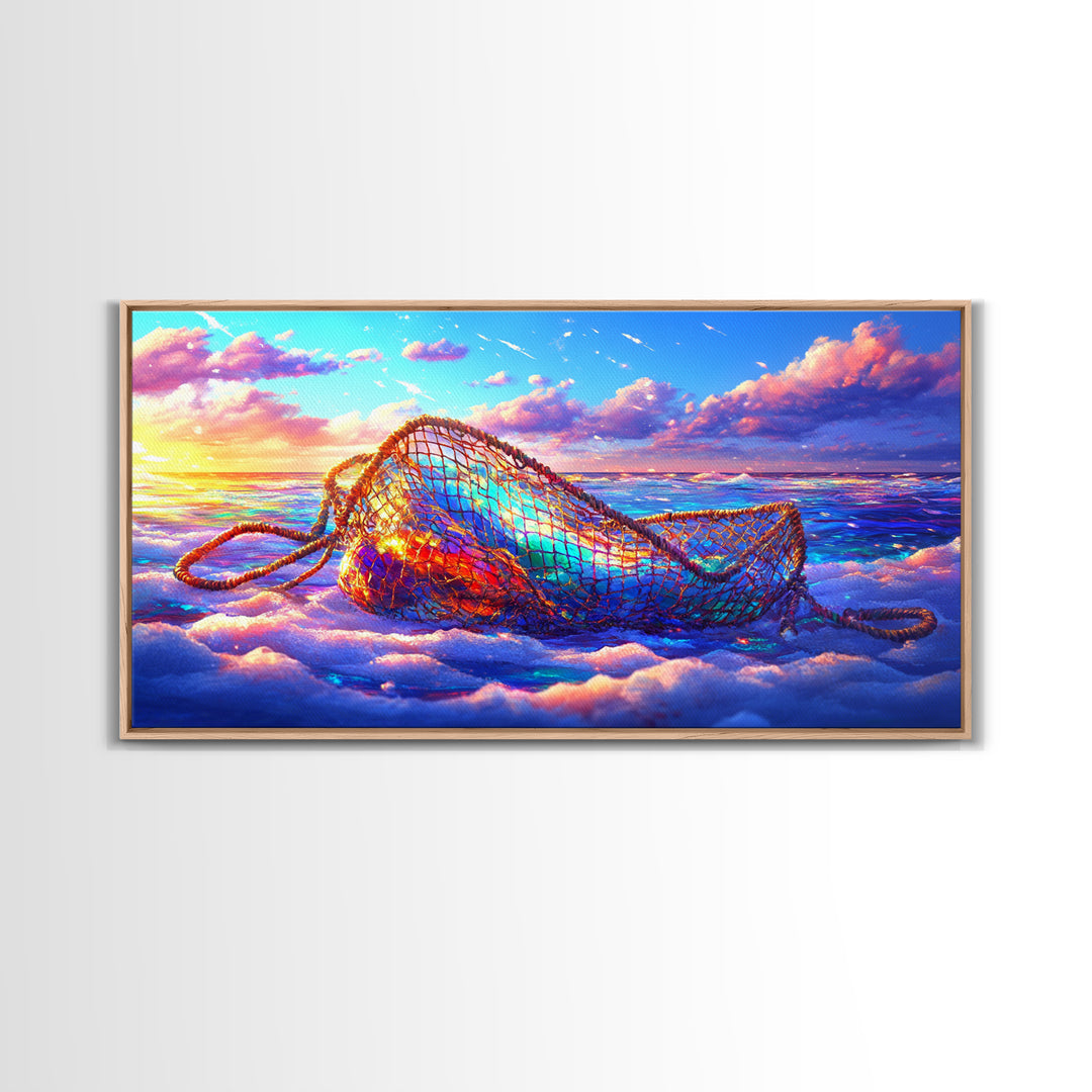 Iridescent Fishing Net On Sunset Beach Wall Art, Coastal Ocean Canvas Print, Nautical Decor, Beach House Living Room Art
