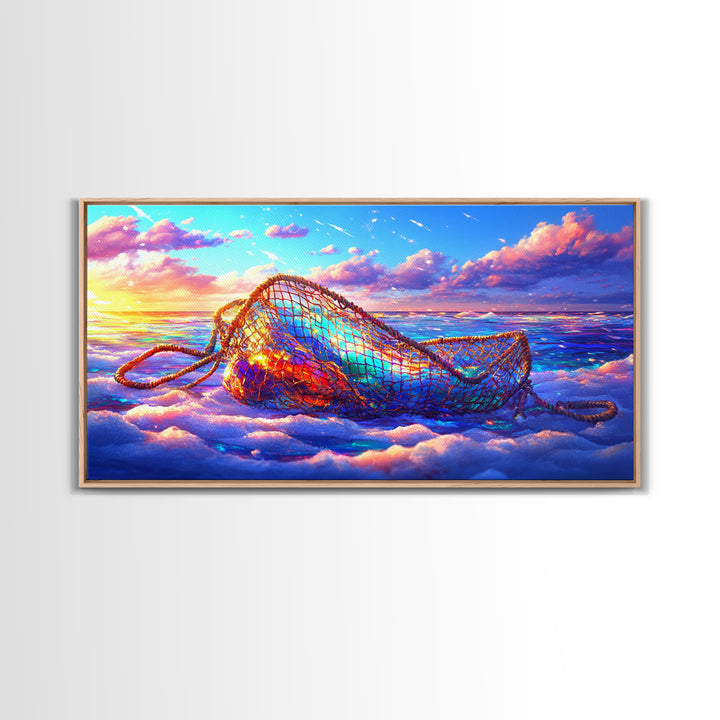 Iridescent Fishing Net On Sunset Beach Wall Art, Coastal Ocean Canvas Print, Nautical Decor, Beach House Living Room Art