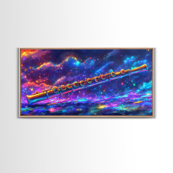 Golden Flute Floating In Cosmic Galaxy Wall Art, Music Studio Canvas Print, Celestial Space Decor, Gift For Music Lover, Home Decor