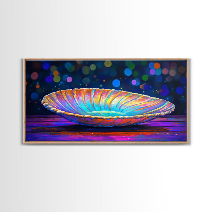 Iridescent Seashell Dish On Wooden Table Canvas Print, Coastal Wall Art, Ocean Decor, Nautical Home Decor, Beach House Gift