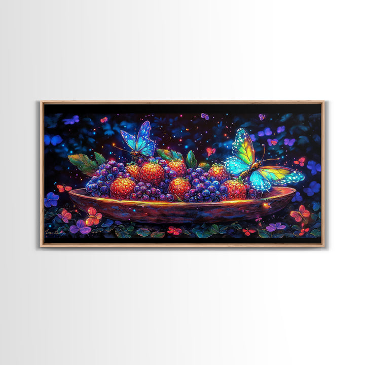 Butterflies Over Glowing Berries In Wooden Bowl Canvas Print, Whimsical Wall Art, Botanical Decor, Colorful Nature Gift