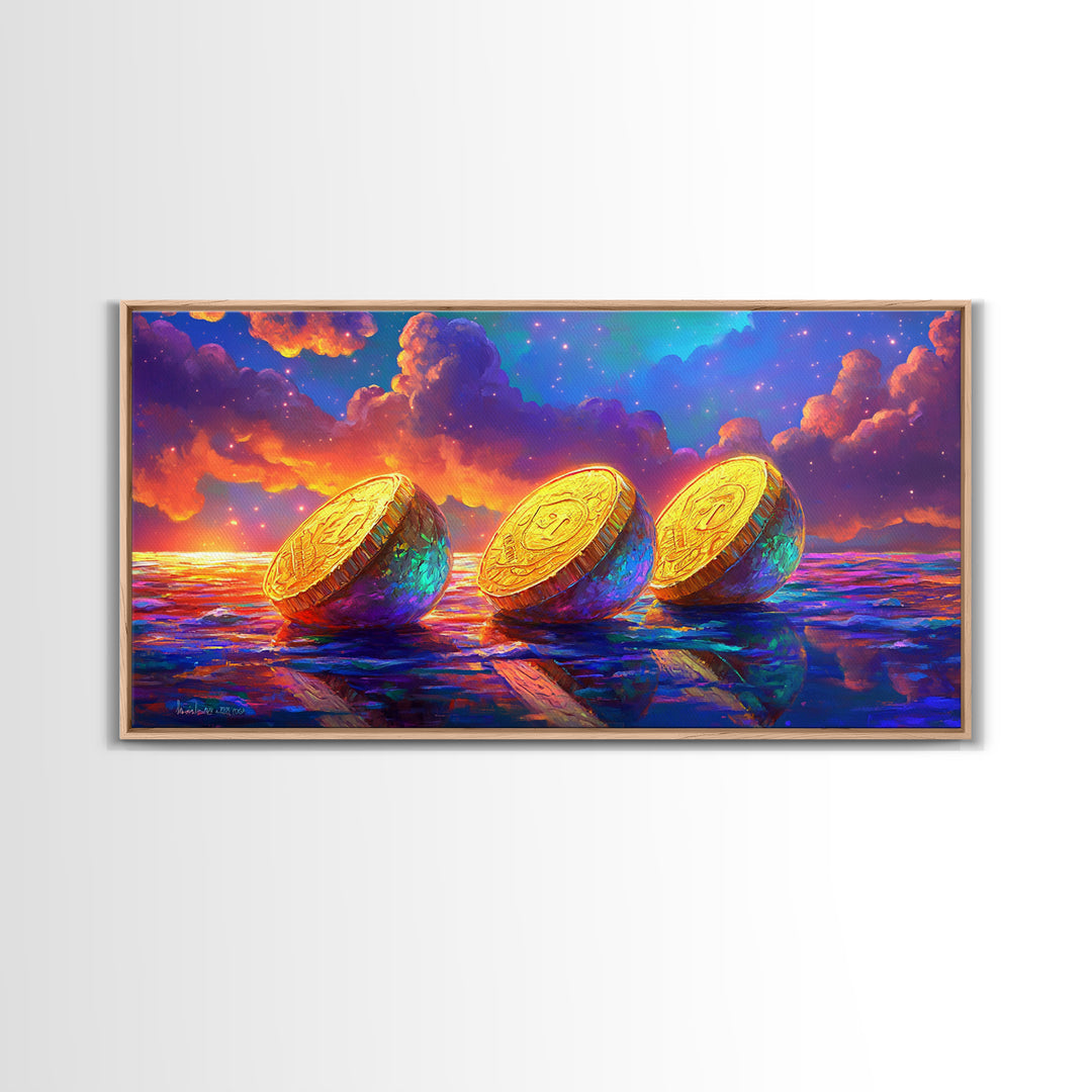 Golden Coins On Reflective Ocean Canvas Print, Abstract Seascape, Coastal Wall Art, Sunset Painting, Statement Artwork, Decor