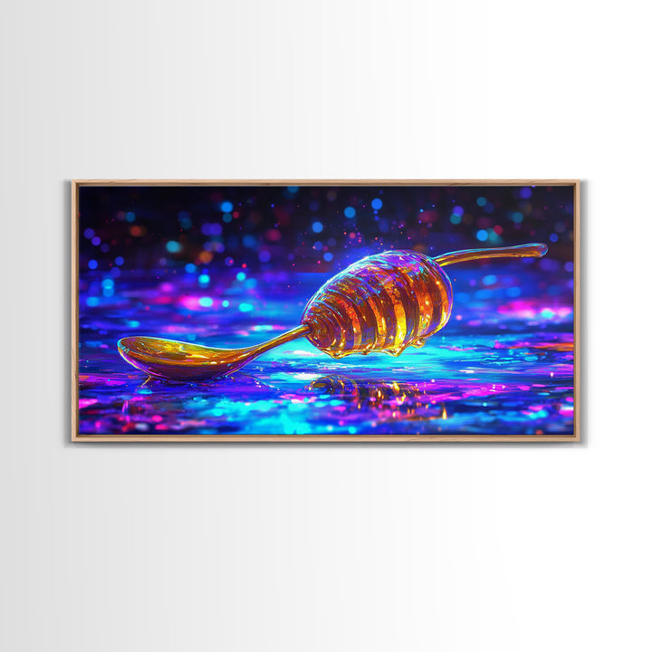 Neon Honey Dipper With Golden Drizzle Wall Art, Colorful Kitchen Decor, Food Lover Gift, Modern Canvas Print, Dining Room Prints