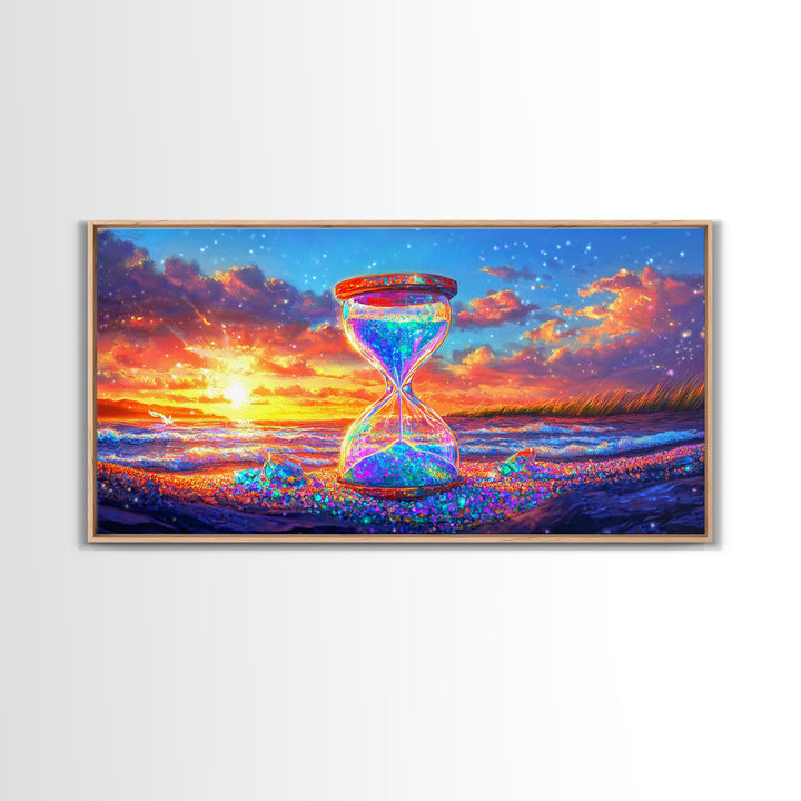 Sparkling Hourglass On Sunset Beach Canvas Print, Coastal Wall Art, Surreal Seascape Decor, Ocean Lover Gift For Her, Living Room Decor