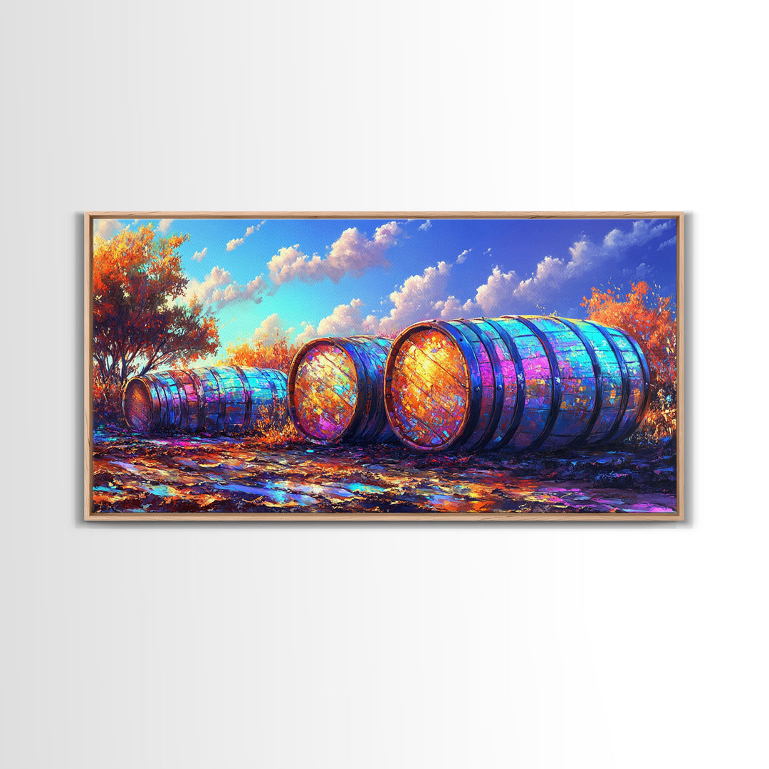 Rainbow Wine Barrels In Autumn Vineyard Wall Art, Rustic Farmhouse Decor, Winery Wall Art, Colorful Landscape, Dining Room Print