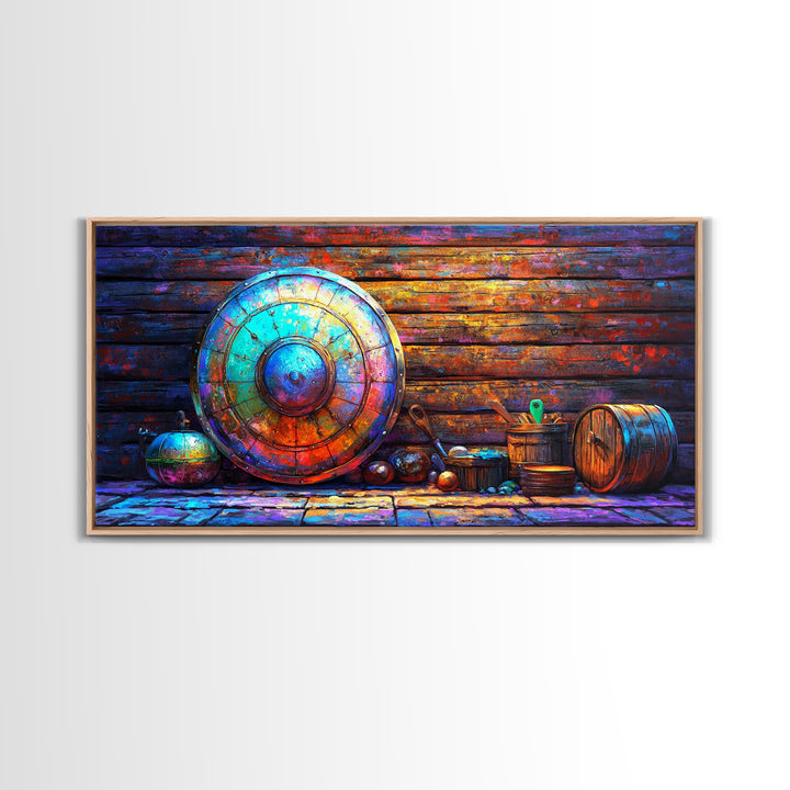 Weathered Viking Shield And Rustic Vessels Framed Canvas Print, Medieval Wall Art, Nordic Decor, Man Cave Art, Fantasy Gift