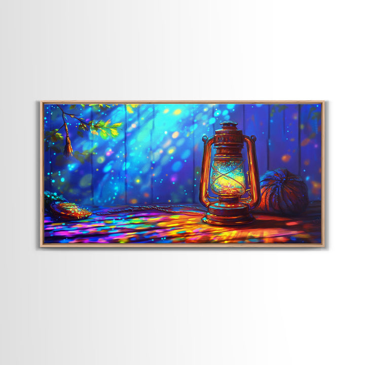 Glowing Camping Lantern In Blue Forest Canvas Print, Rustic Cabin Wall Art, Cozy Wall Decor, Nature Art, Outdoor Decor, Camping Gift
