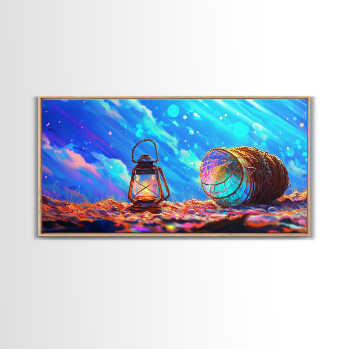 Glowing Lantern And Lobster Trap Canvas Print, Coastal Wall Art, Nautical Beach House Decor, Ocean Gift For Her, Modern Seascape Home Decor