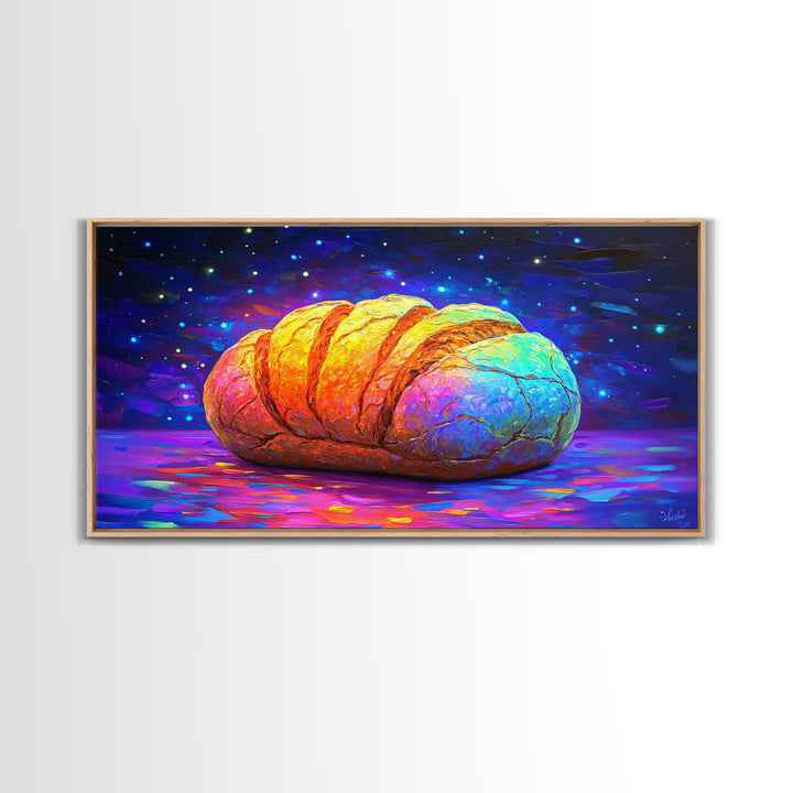 Glowing Croissant Pastry Under Starry Sky Canvas Print, Bakery Wall Art, Kitchen Decor, French Patisserie Gift For Foodie