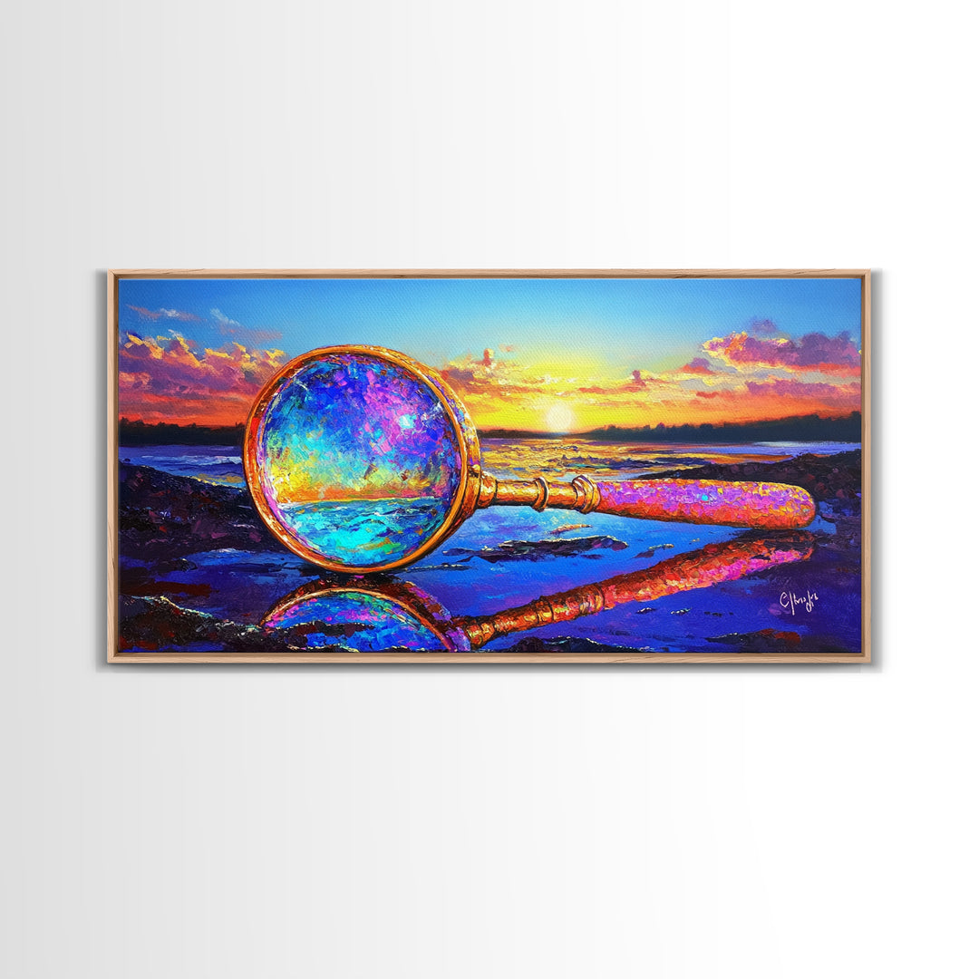 Magnifying Glass At Beach Sunset Wall Art, Coastal Canvas Print, Ocean Decor, Nautical Landscape Art For Study Or Office